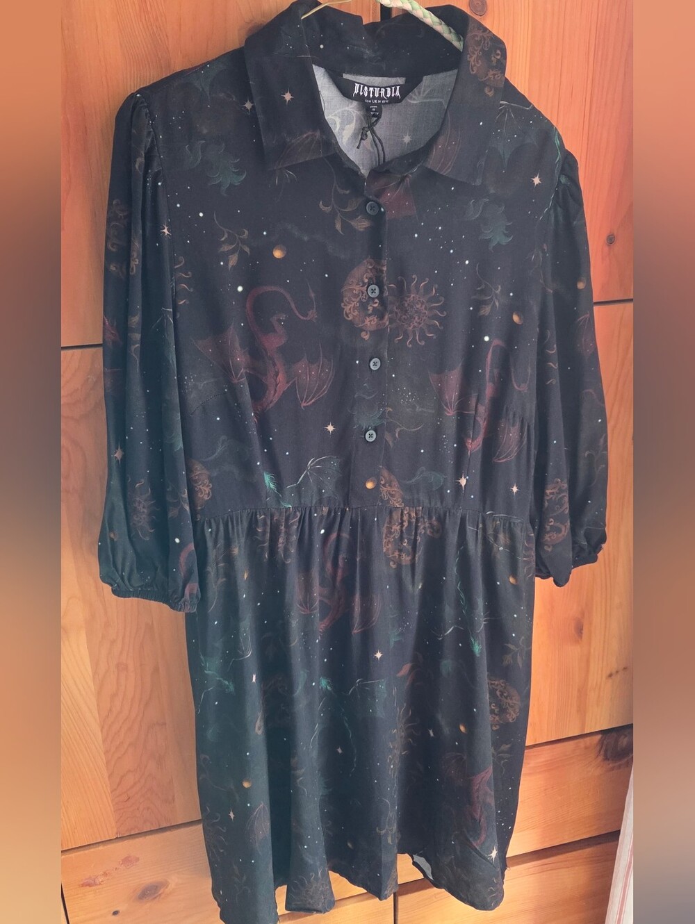 Disturbia NWT Black Rayon Phoenix Dragon Shirt Dress Size 10
